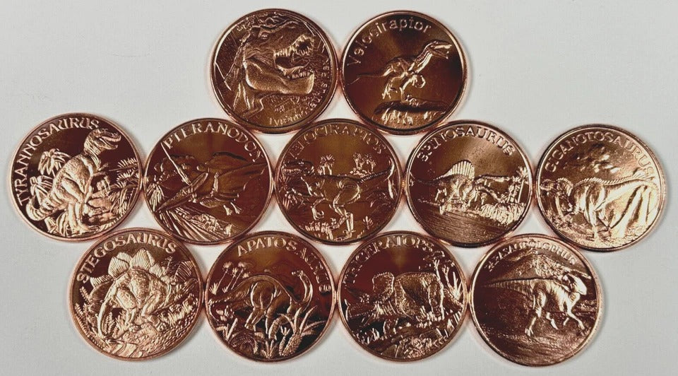 Copper Coins * Eleven Piece Dinosaur Collector Set * Fine .999 Bullion Rounds