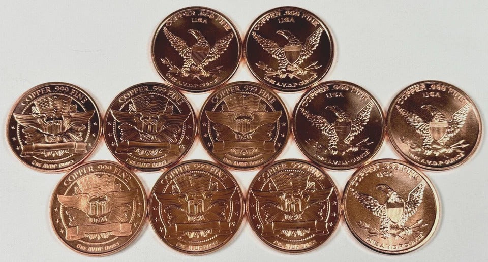 Copper Coins * Eleven Piece Dinosaur Collector Set * Fine .999 Bullion Rounds