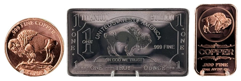Titanium & Copper * Buffalo Art Bars and Coin * 3-Piece Mixed Set * Fine .999 Bullion * Minted in the USA