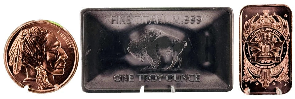Titanium & Copper * Buffalo Art Bars and Coin * 3-Piece Mixed Set * Fine .999 Bullion * Minted in the USA