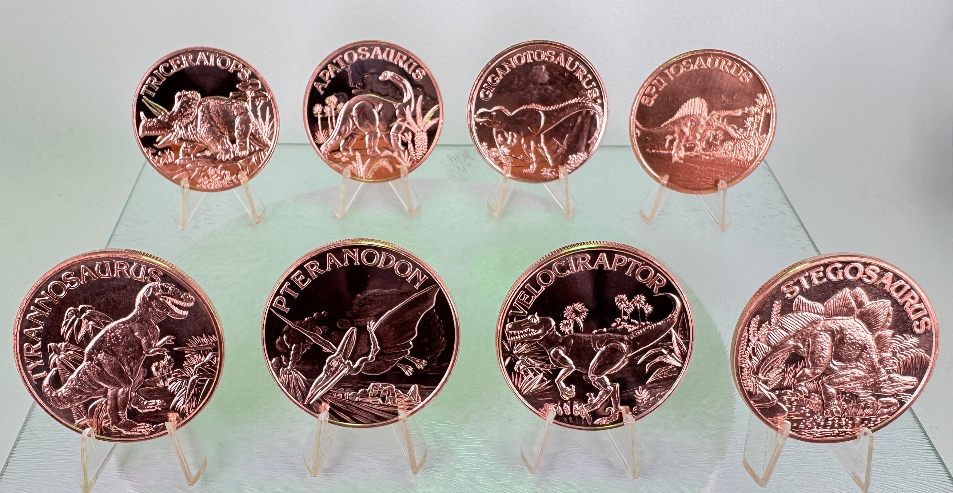 Copper Art Coins * Eight Piece Dinosaur Collector Set * Fine .999 Bullion Coins