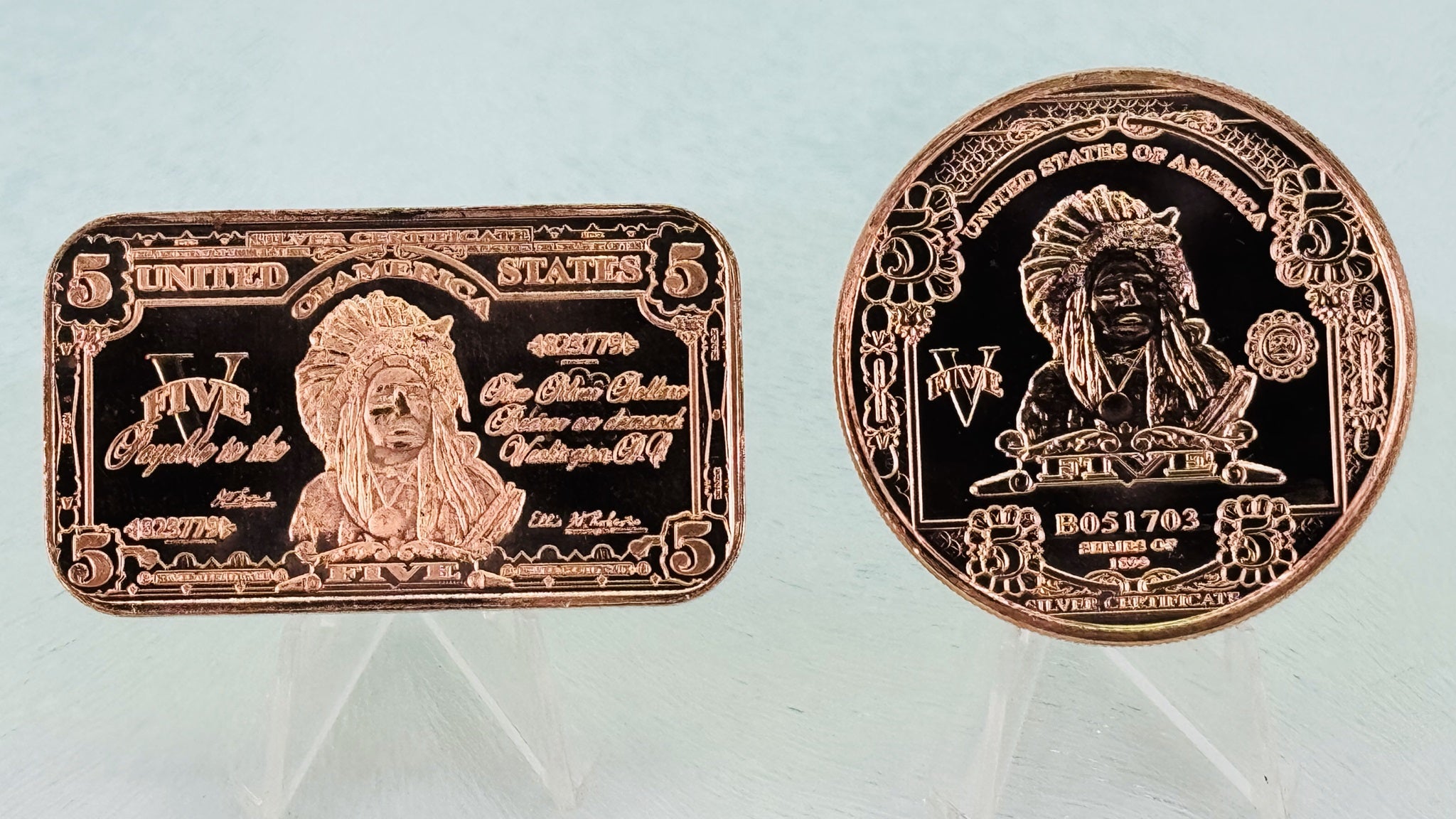 Copper Bullion Coins * $5 Silver Certificate Art * Two-Piece Set * Minted in USA
