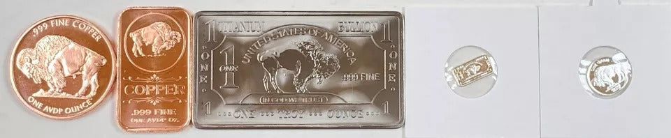 Silver, Titanium & Copper * Buffalo Art Bars & Rounds * 5-Piece Set * USA Minted