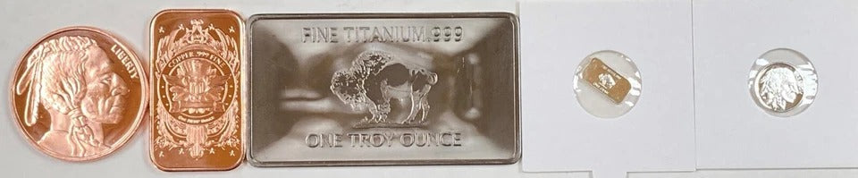 Silver, Titanium & Copper * Buffalo Art Bars & Rounds * 5-Piece Set * USA Minted