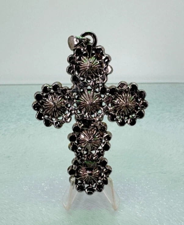 Vintage 1980s Silver-Plated Brass Cross Pendant – Radiant Rhinestone Elegance