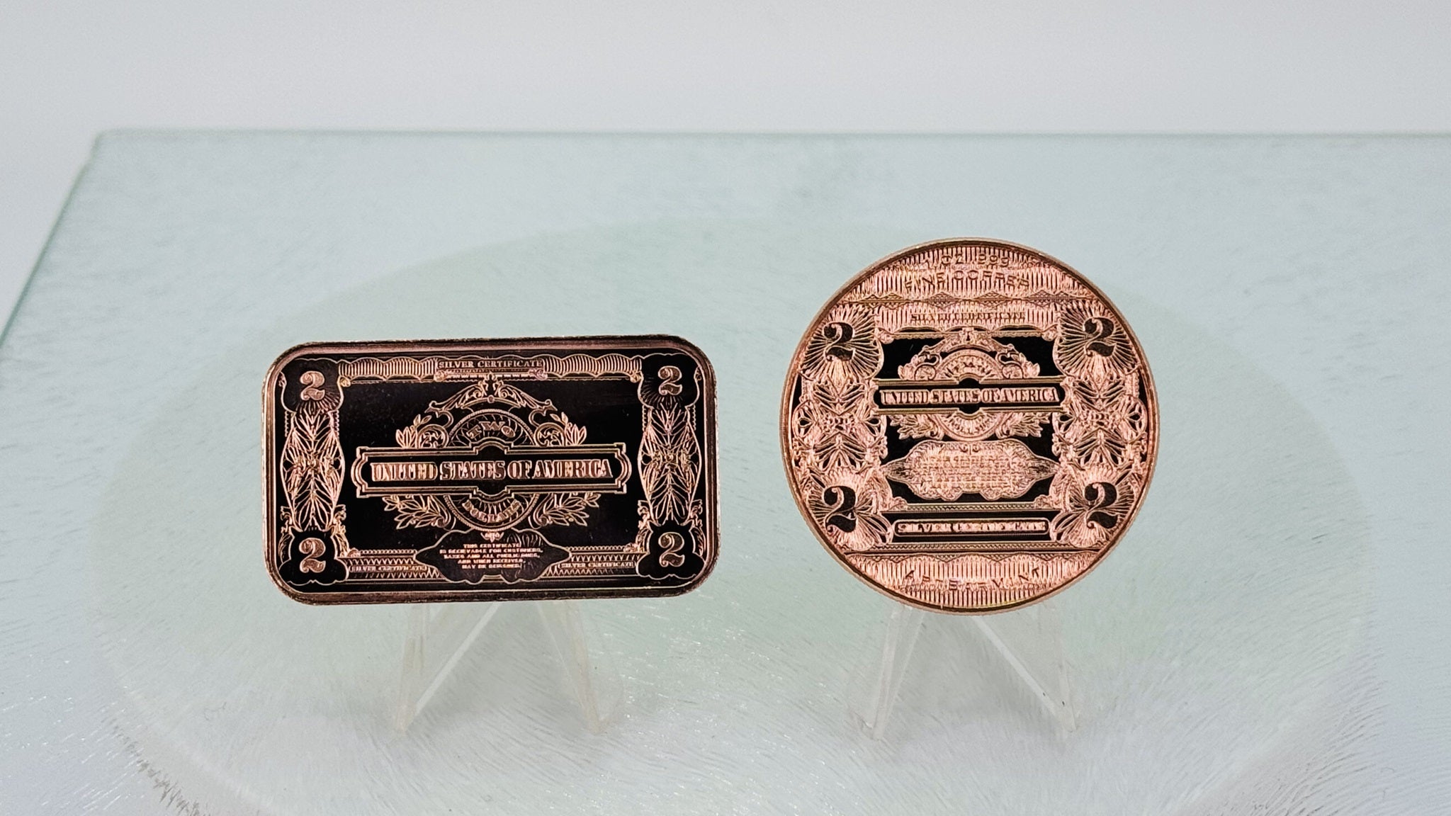 Copper Bullion Coins * $2 Silver Certificate Art * Two-Piece Set * Minted in USA