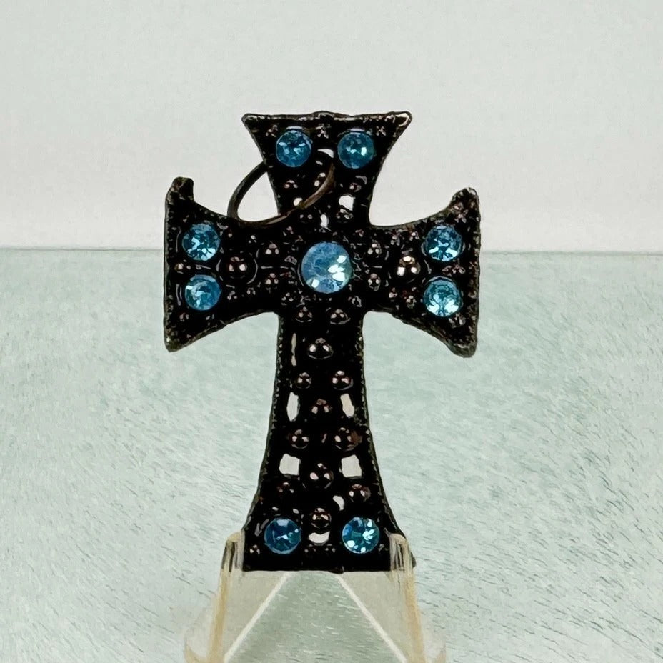 Blackened Copper Cross Pendant * Nine Aquamarine Stones * Vintage 1980s Jewelry