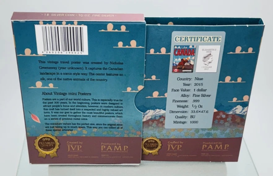 Niue 2015 $1 Vintage Mini Posters “Visit Canada” – JVP & PAMP 1/2 Oz Pure Silver Bar