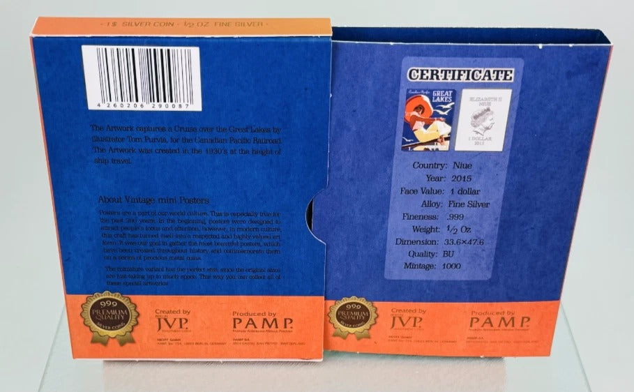 Niue 2015 $1 Vintage Mini Posters “Great Lakes” – JVP & PAMP 1/2 Oz Pure Silver Bar