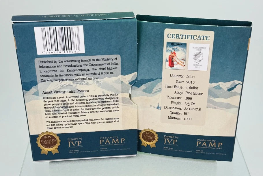 Niue 2015 $1 Vintage Mini Posters “See India” – JVP & PAMP 1/2 Oz Pure Silver Bar