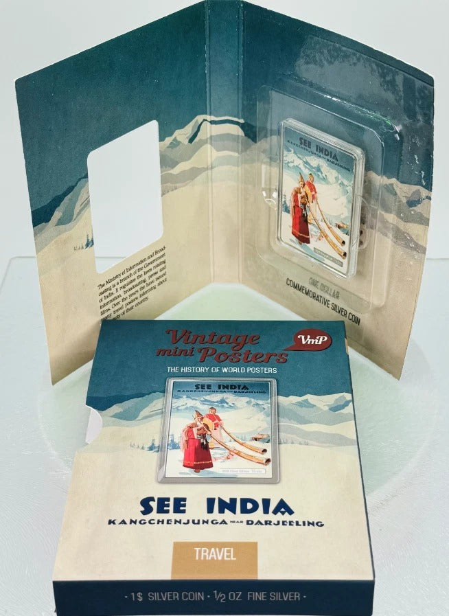 Niue 2015 $1 Vintage Mini Posters “See India” – JVP & PAMP 1/2 Oz Pure Silver Bar