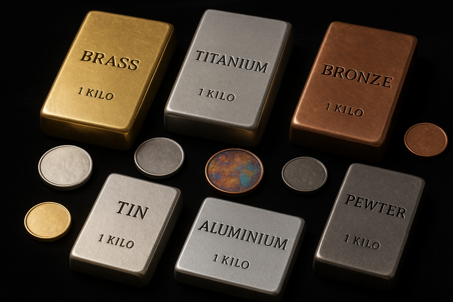 Misc, Bullion ingots bars and coins made of Brass, Titanium, Bronz Tin, Aluminum, Pewter, Assorted semi-precious metals