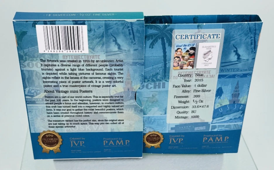 Niue 2015 $1 Vintage Mini Posters “Visit the USSR” * PAMP 1/2 Oz Pure Silver Bar