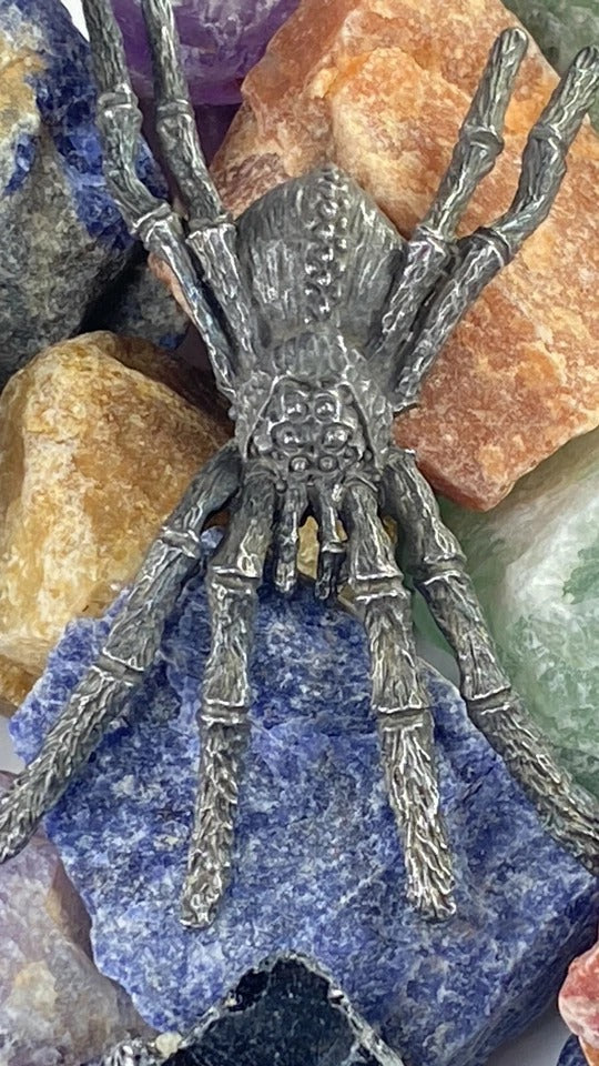 Spider Figurine * 95% Pure Pewter * Plus One Free Random Color Gemstone Display