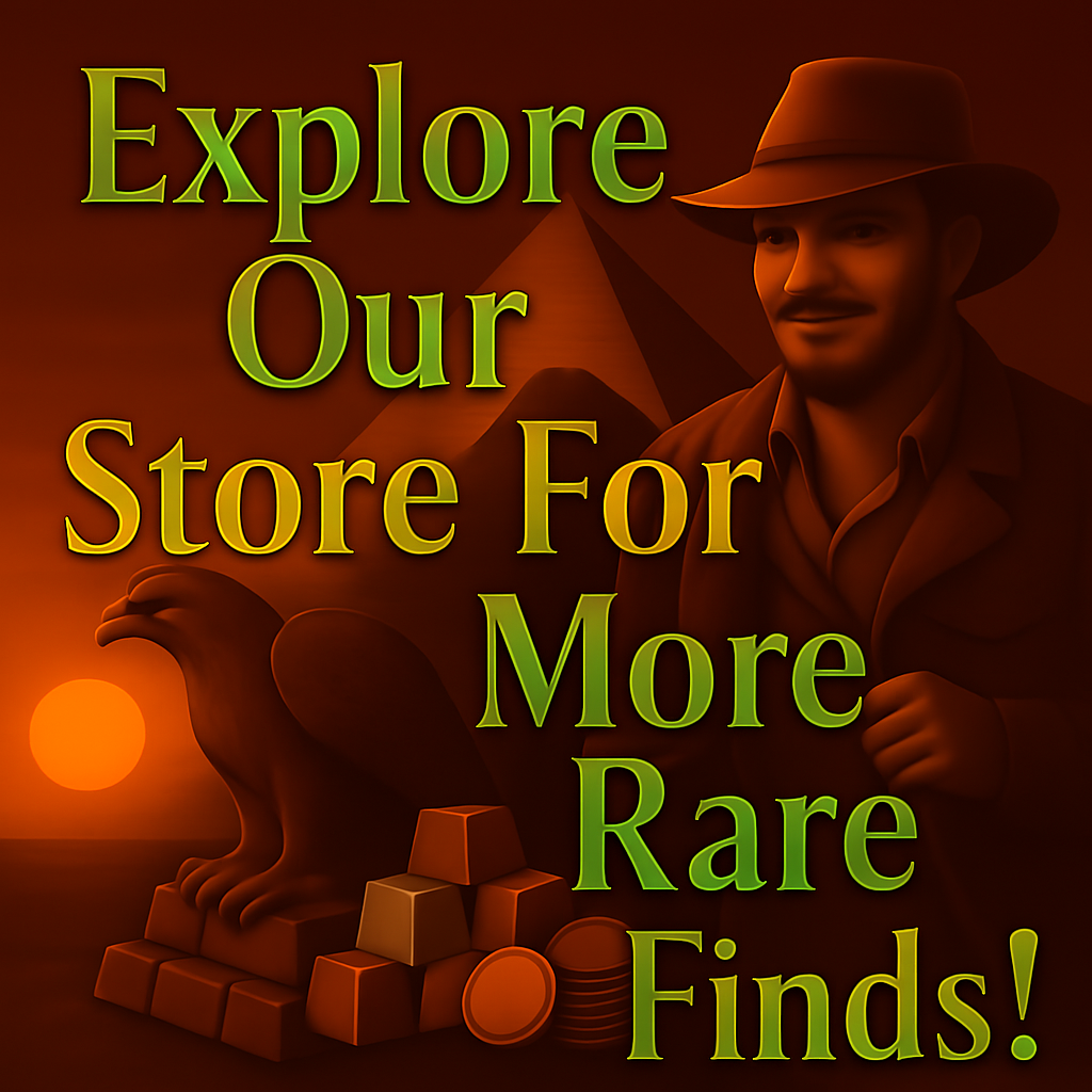 Man in a hat with an eagle and treasure chest, text 'Explore Our Store For More Rare Finds!' on a dark background