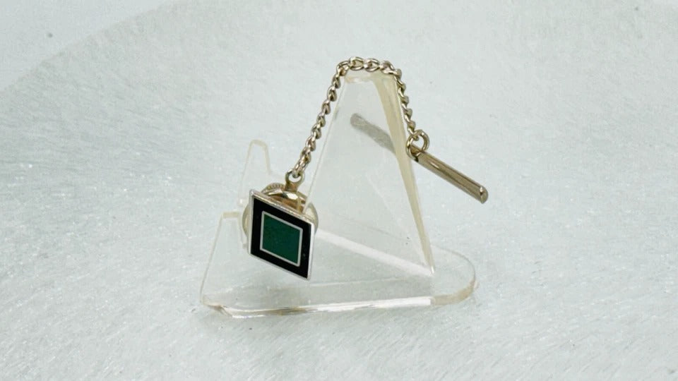 Vintage 1980s Silver-Toned Inlaid Diamond Shaped Tie Tack * With Chain and T Bar