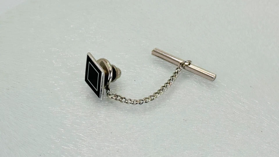 Vintage 1980s Silver-Toned Inlaid Diamond Shaped Tie Tack * With Chain and T Bar