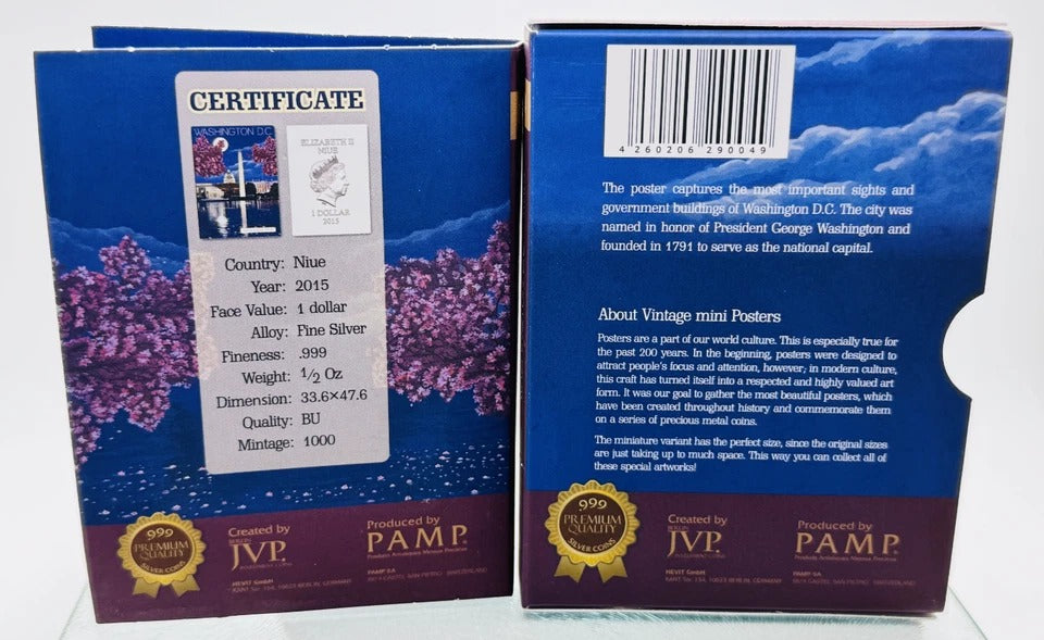 Niue 2015 $1 Vintage Mini Posters “Washington D.C.” – PAMP Suisse 1/2 Oz Silver Bar