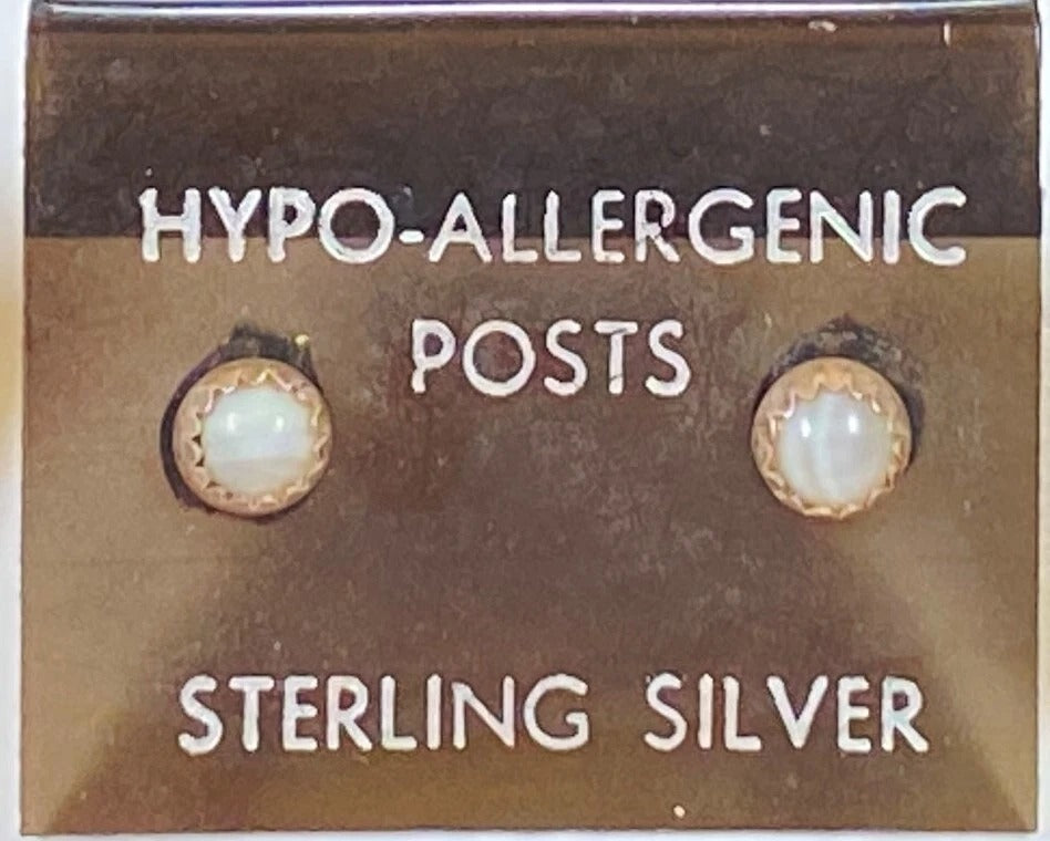 Sterling Silver .925 * White Opal Studs * Vintage 1980's NOS * Hypoallergenic