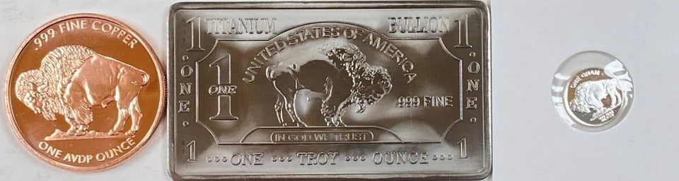 Silver, Copper and Titanium * Buffalo Art Bar and Coins * Three-Piece Mixed Bullion Set * Minted in the USA