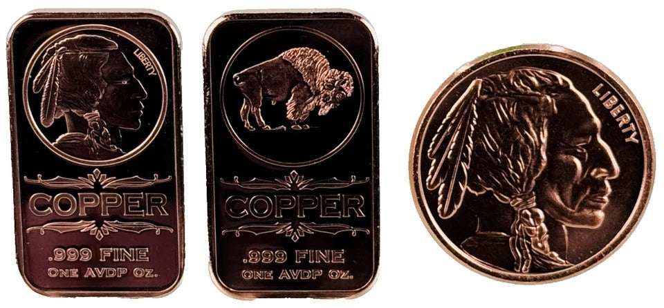 Copper Bullion Art Coin & Bars * 3-Piece Native American Set * Fine .999 Bullion