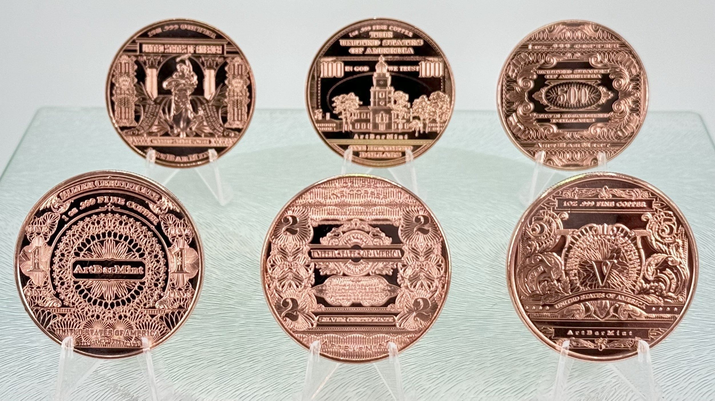 Copper Bullion Art Coins * US Currency Art * Six-Piece Set * Minted in the USA