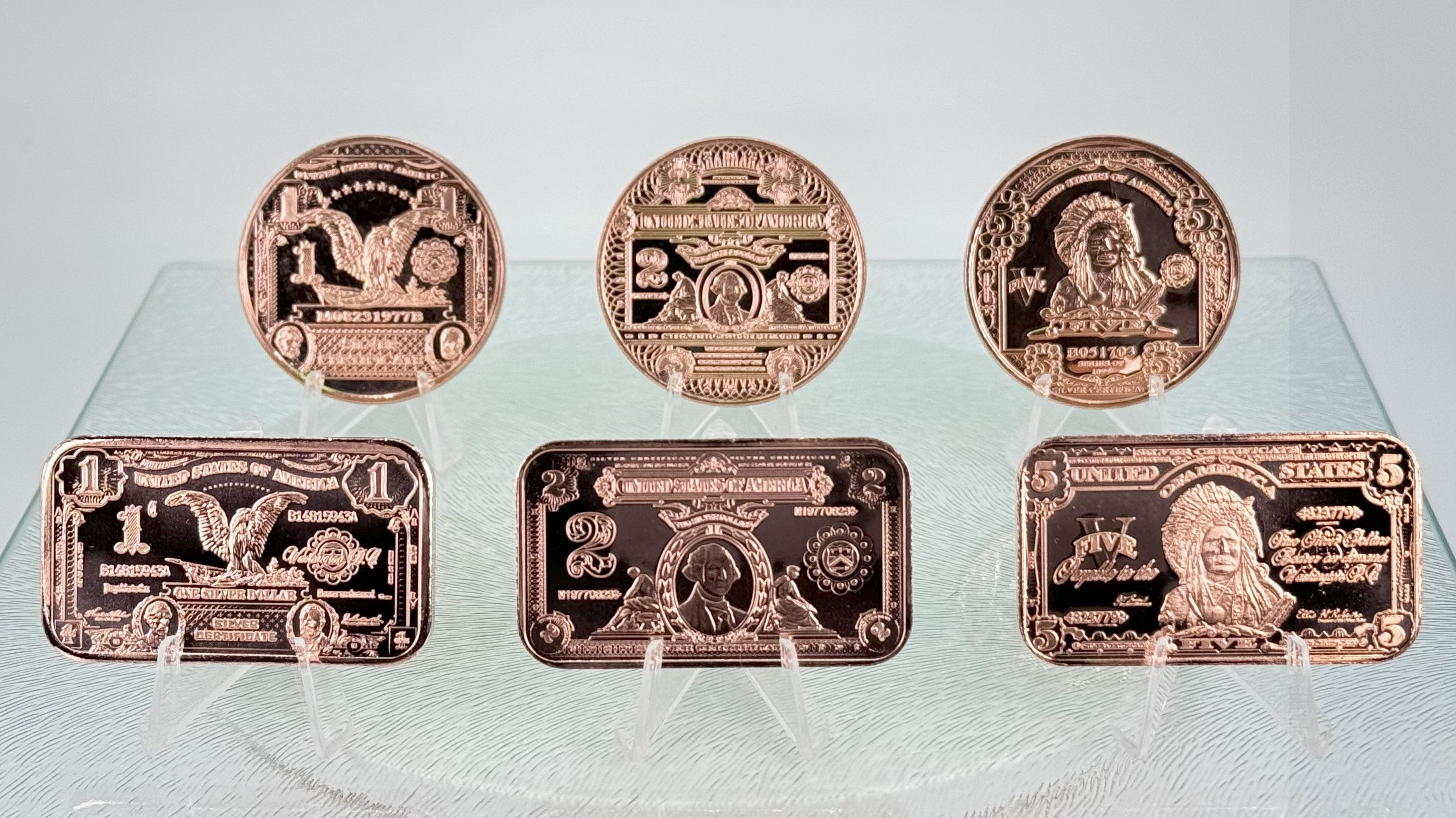 Copper Coins & Bars * US Silver Certificate Art * Six-Piece Set * Minted in USA
