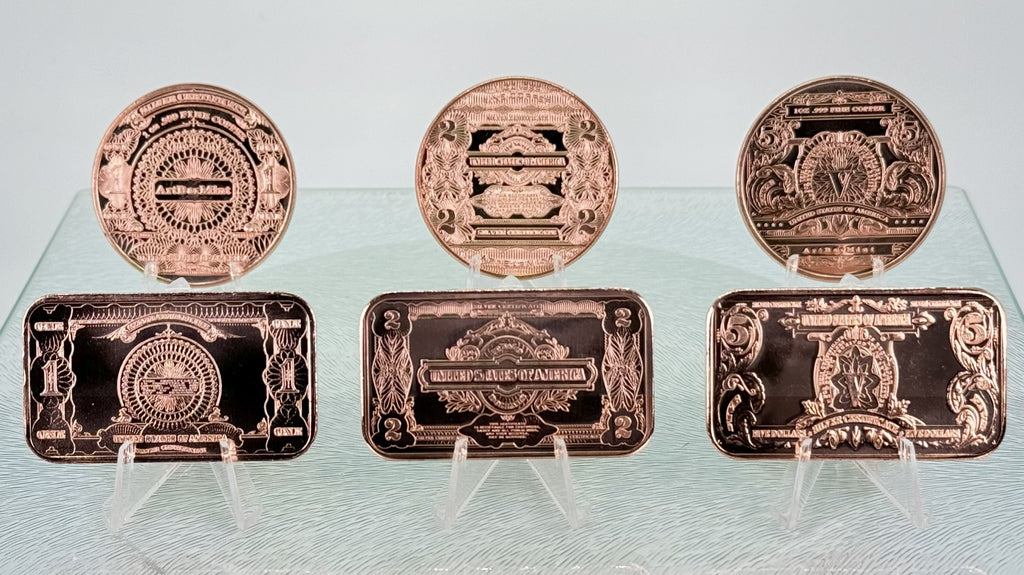 Copper Coins & Bars * US Silver Certificate Art * Six-Piece Set * Minted in USA