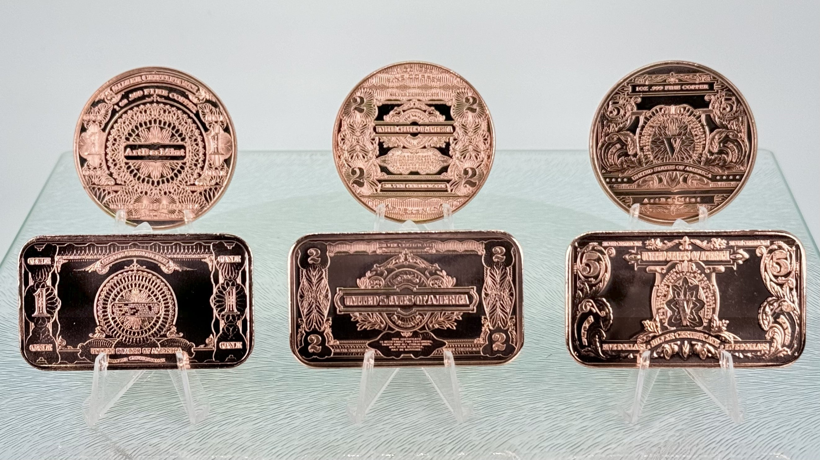 Copper Coins & Bars * US Silver Certificate Art * Six-Piece Set * Minted in USA