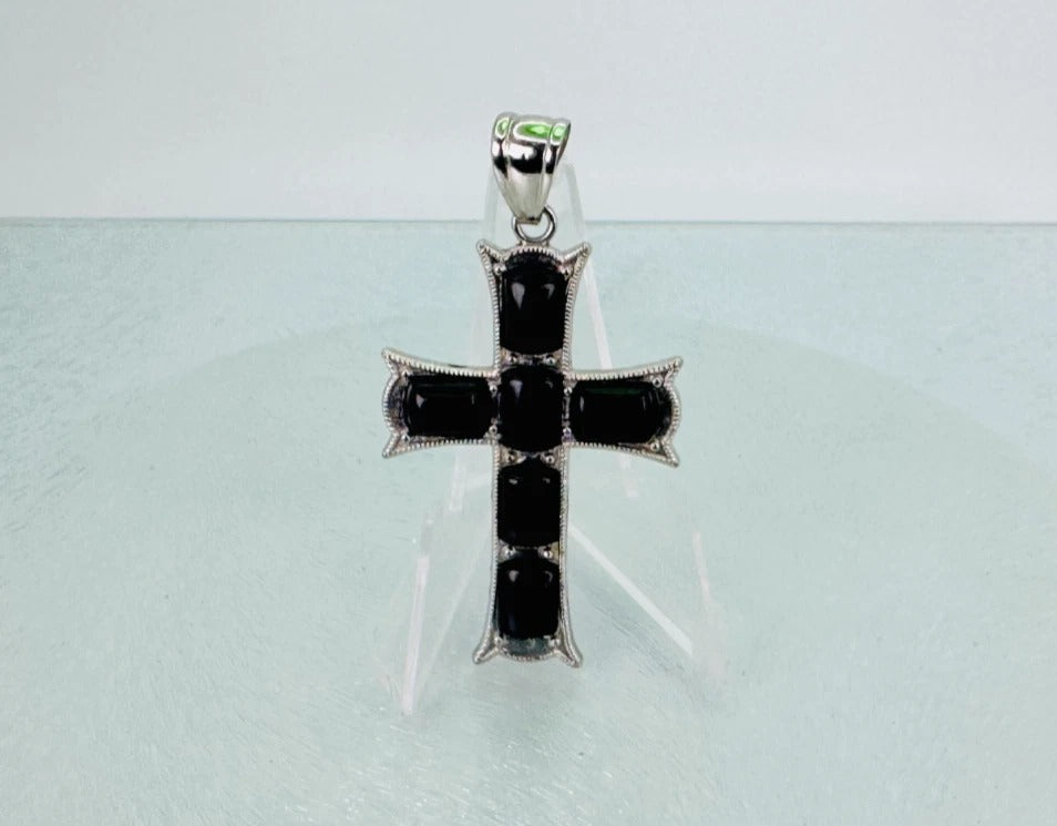 Vintage 1980s Sterling Silver Cross Pendant * Inlaid with Six Black Onyx Stones