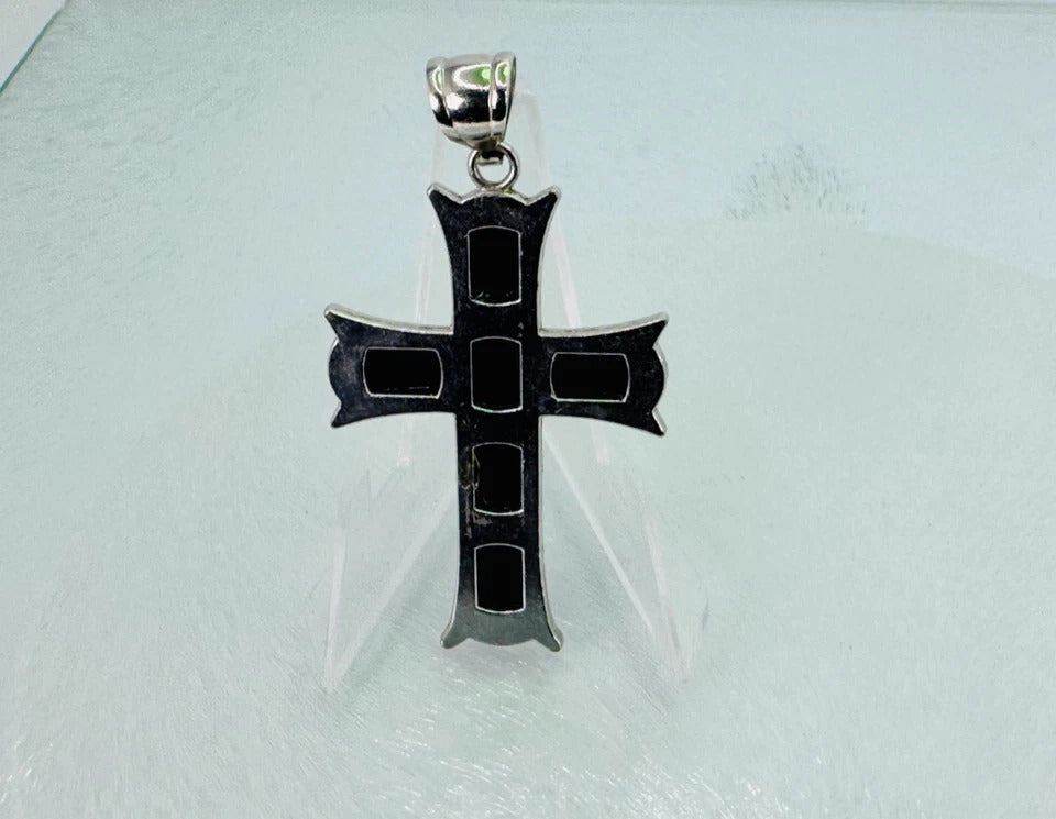 Vintage 1980s Sterling Silver Cross Pendant * Inlaid with Six Black Onyx Stones