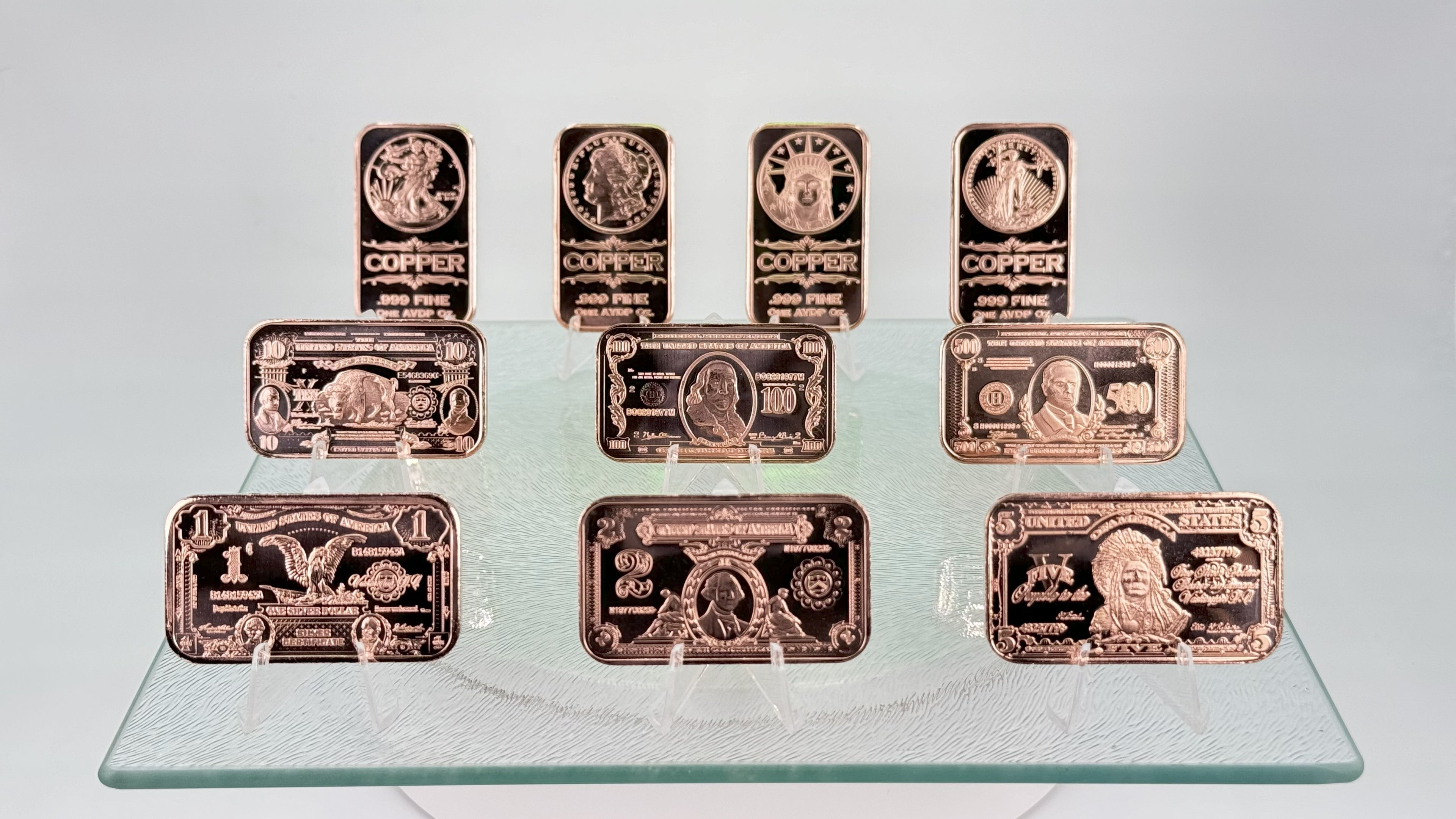 Copper Bullion Bars * 10-Piece US Currency Set * One Ounce Each * Minted in US