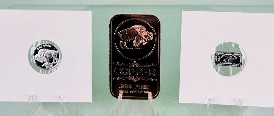 Silver & Copper Art Bars & Round * Three-Piece Buffalo Set * Fine .999 Bullion