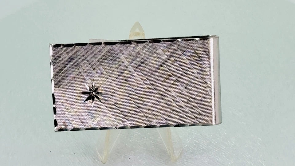 Vintage Swank Silver-Tone Money Clip * Unique Engraved Star Design * J.C. on Reverse Side