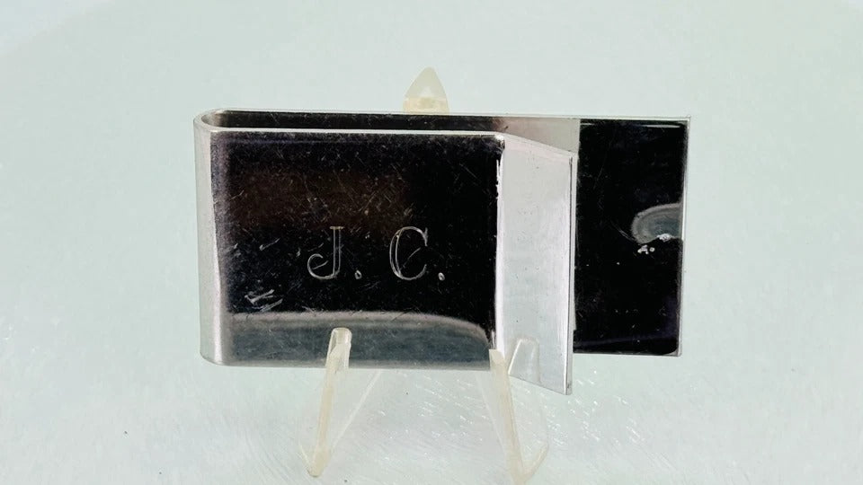 Vintage Swank Silver-Tone Money Clip * Unique Engraved Star Design * J.C. on Reverse Side