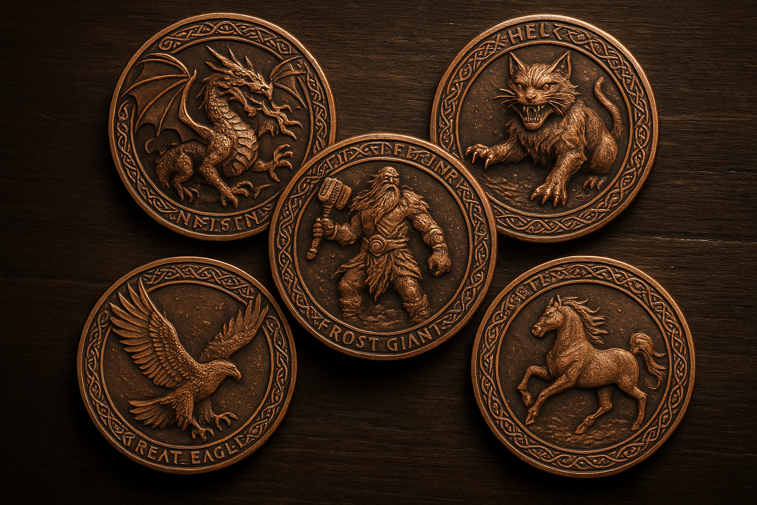 Nordic Creature Copper Coins Dragon. Hell Cat, Frost Giant, Great Eagle, Striding Stead 