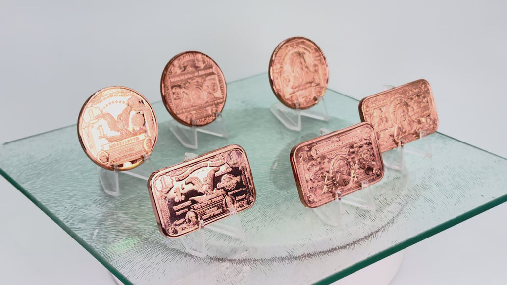 Copper Coins & Bars * US Silver Certificate Art * Six-Piece Set * Minted in USA
