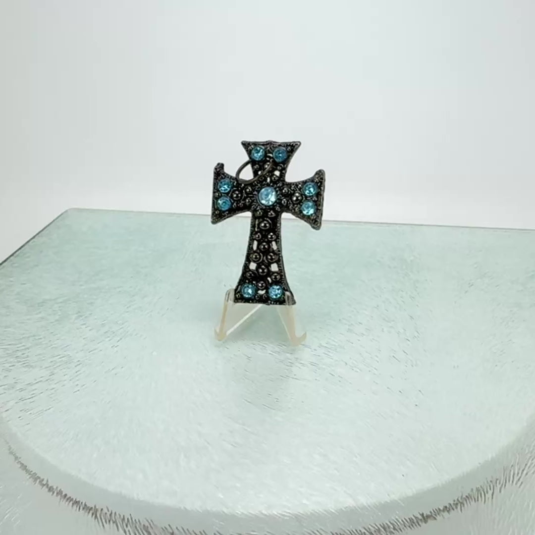 Blackened Copper Cross Pendant * Nine Aquamarine Stones * Vintage 1980s Jewelry