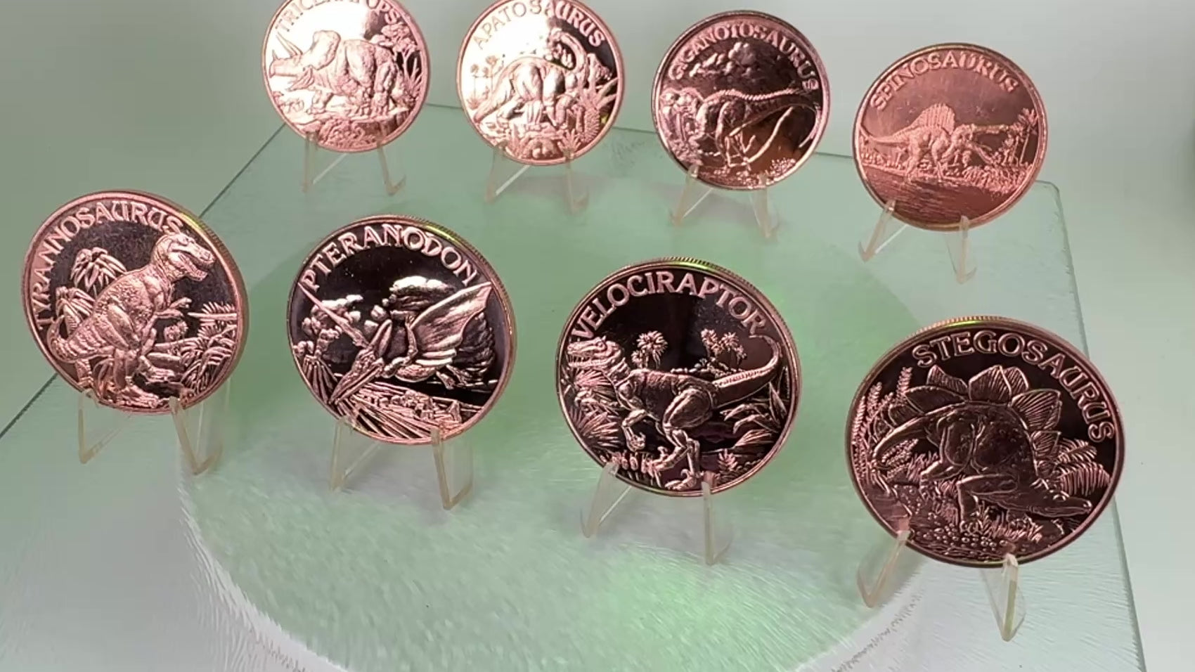 Copper Art Coins * Eight Piece Dinosaur Collector Set * Fine .999 Bullion Coins