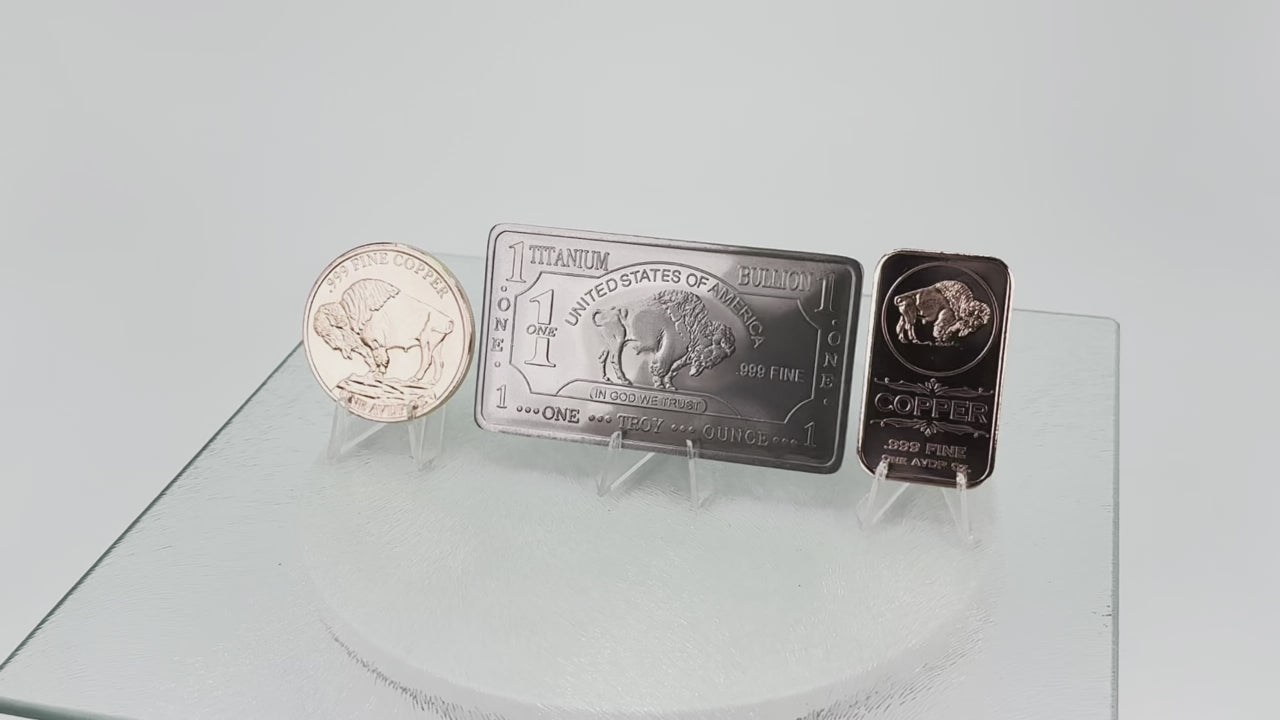 Titanium & Copper * Buffalo Art Bars and Coin * 3-Piece Mixed Set * Fine .999 Bullion * Minted in the USA