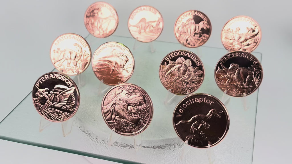 Copper Coins * Eleven Piece Dinosaur Collector Set * Fine .999 Bullion Rounds