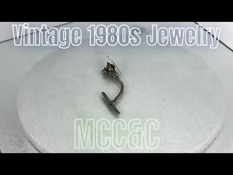 Vintage 1980s Silver-Toned Inlaid Diamond Shaped Tie Tack * With Chain and T Bar