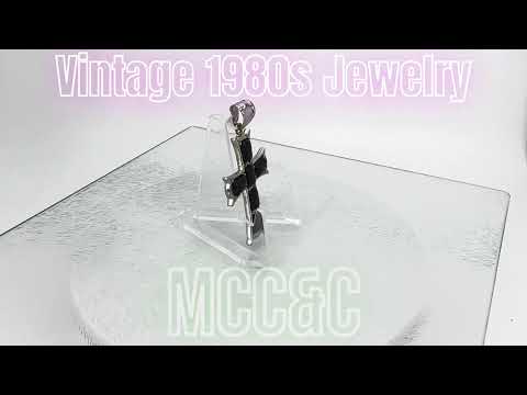 Vintage 1980s Sterling Silver Cross Pendant * Inlaid with Six Black Onyx Stones