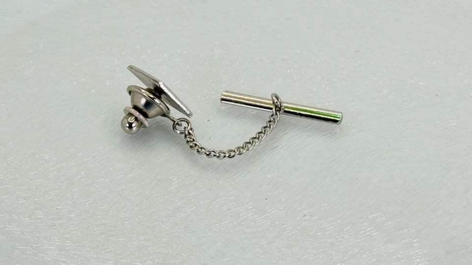 Vintage 1980s Silver-Toned Inlaid Diamond Shaped Tie Tack * With Chain and T Bar