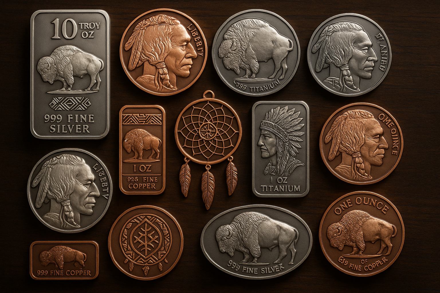 Titanium, Silver and Copper coins and bars Native American and Buffalo designs