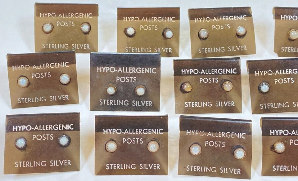 Sterling Silver .925 * White Opal Studs * Vintage 1980's NOS * Hypoallergenic
